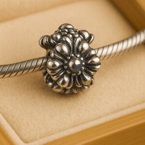 Pandora Birthday Blooms March Hematite .925 Silver Charm/Bead EUC ALE #236